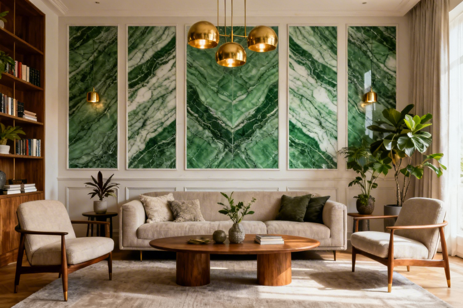 Salon contemporain avec mur en marbre vert