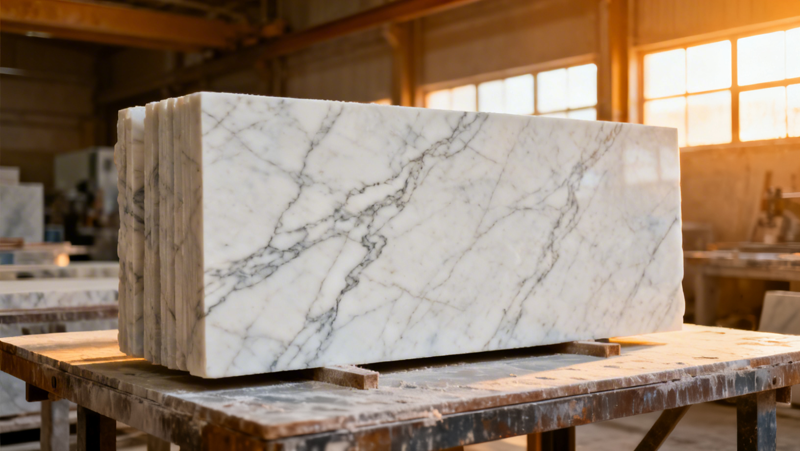 Atelier Marbrerie Frediani, bloc de marbre blanc de Carrare veiné sur établi artisanal