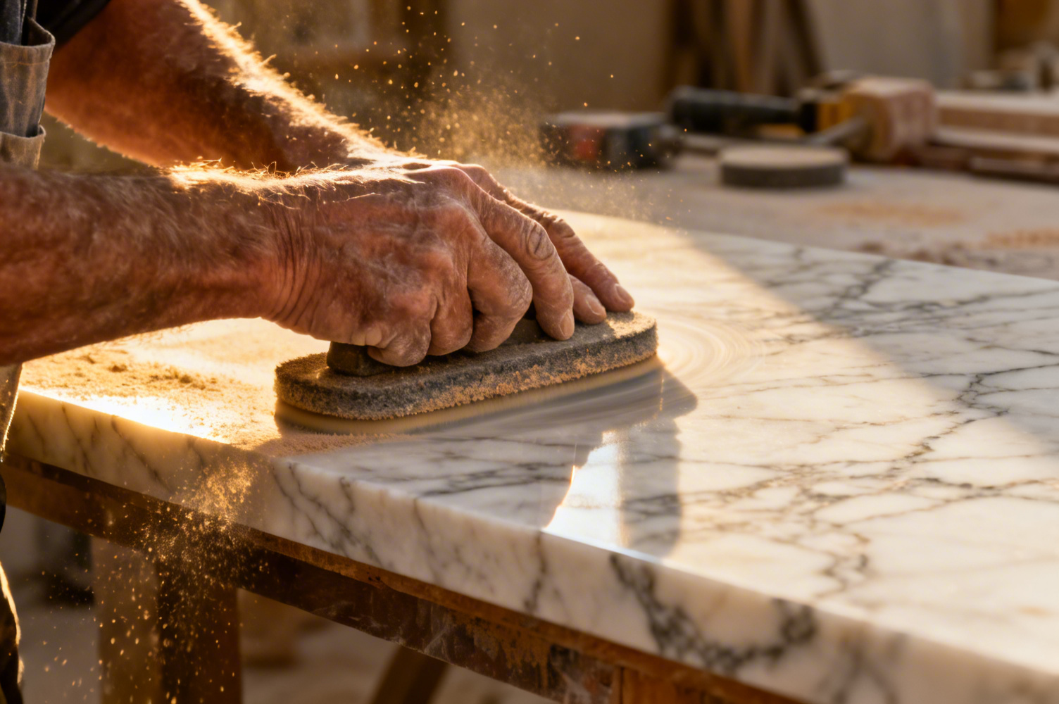 Artisan marbrier au travail, polissage de marbre
